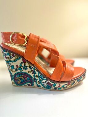 Orange Leather Wedge Sandals with Patterned Paisley Platform